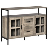 HOMCOM Industrial Sideboard Buffet Cabinet, Kitchen Cabinet, Coffee Bar Cabinet with Adjustable Shelves, Glass Doors, and 2 Drawers for Living Room, Gray W2225P217381