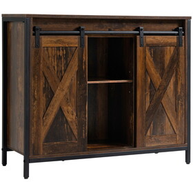 HOMCOM Industrial Sideboard Buffet Cabinet, Coffee Bar Cabinet, Kitchen Cabinet with Sliding Barn Doors, Storage Cabinets and Adjustable Shelves for Living Room, Home Bar, Rustic Brown W2225P217383