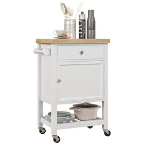 HOMCOM Utility Kitchen Cart, Rolling Kitchen Island with Smooth Rubberwood Top, Narrow Butcher Block Surface on Wheels with Storage Drawer & Cabinet, White W2225P217386