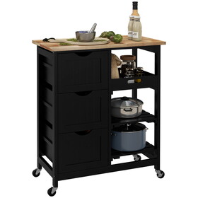 HOMCOM Rolling Kitchen Island Cart, Bar Serving Cart, Compact Trolley on Wheels with Wood Top, Shelves & Drawers for Home Dining Area, Black W2225P217389