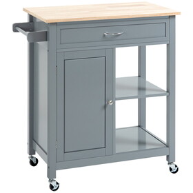 HOMCOM Kitchen Island Cart, Rolling Kitchen Island with Storage Shelf, Solid Wood Top, Drawer, for Dining Room, Gray W2225P217391