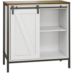 HOMCOM Farmhouse Sideboard Buffet Cabinet, Coffee Bar Cabinet with Sliding Barn Door and Adjustable Shelf, Kitchen Storage Cabinet with Metal Frame, White and Brown W2225P217394