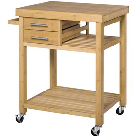 HOMCOM Bamboo Kitchen Island Cart on Wheels, Utility Trolley Cart with 2 Storage Drawers and Open Shelves, Bamboo Tone W2225P217396