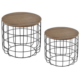 HOMCOM Round Coffee Table Set of 2, Industrial End Tables with Extra Storage Space for Living Room, Brown and Black W2225P217451