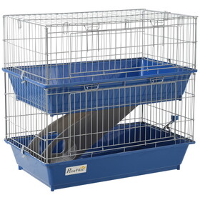 PawHut 2-Tier Guinea Pig Cage, Ferret Cage, Chinchilla Cage, Small Animal Cage Indoor with Dish and Bottle, 2 Doors, Deep Bottoms, Ramp, 28", Blue W2225P217530