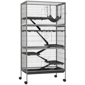 PawHut 63" 6-Tier Small Animal Cage, Ferret Cage, Large Chinchilla Cage with Hammock Accessory & Heavy-Duty Steel Wire, Small Animal Habitat with 6 Doors, Removable Tray, Gray W2225P217534