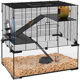 PawHut Hamster Cage, 23.5" Gerbil Cage with Glass Basin, Ramps, Platforms, Hut, Exercise Wheel, for Small Hamsters, Black W2225P217535