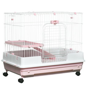 PawHut 2-Level Small Animal Cage Rabbit Hutch with Wheels, Removable Tray, Platform and Ramp for Bunny, Chinchillas, Ferret, Pink W2225P217536