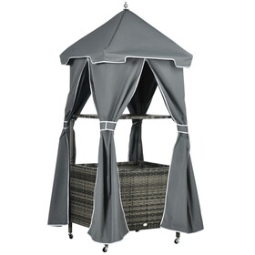 Outsunny Outdoor Towel Valet Caddy, Covered Poolside Towel Holder Rack, Shelf, Basket, Rolling PE Rattan Wicker Storage on Wheels, Gray W2225P217541