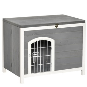 PawHut Foldable Wooden Dog House Raised Puppy Cage Kennel Cat Shelter for Indoor & Outdoor w/ Lockable Door Openable Roof Removable Bottom for Small and Medium Pets Grey W2225P217561