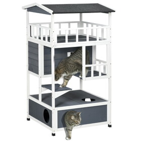 PawHut Wooden Outdoor Cat House, Feral Cat Shelter Kitten Tree with asphalt Roof, Escape Doors, Condo, Jumping Platform, Grey W2225P217564