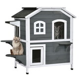 PawHut 2-story Cat House Outdoor, Weatherproof Wooden Cat Enclosure for Feral Cats with Escape Door, Openable Roof, Jumping Platforms, Gray W2225P217566