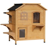 PawHut 2-story Cat House Outdoor, Weatherproof Wooden Cat Enclosure for Feral Cats with Escape Door, Openable Roof, Jumping Platforms, Natural W2225P217567