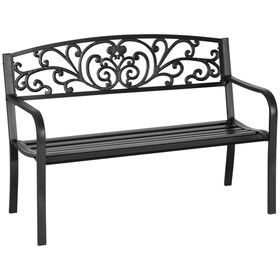 Outsunny 50" Outdoor Bench, Metal Garden Bench with Floral Pattern Backrest, Porch Bench with Slatted Seat for Park, Yard, Lawn, Black W2225P217571