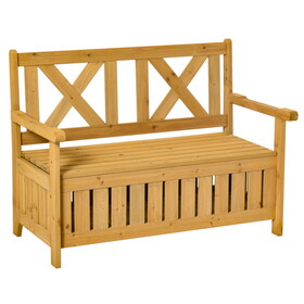 Outsunny Patio Wooden Bench with Storage Box, 29 Gallon Outdoor Storage Bench, Large Entryway Deck Box w/ Unique X-Shape Back, for Deck, Porch & Balcony, Yellow W2225P217573