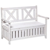 Outsunny Patio Wooden Bench with Storage Box, 29 Gallon Outdoor Storage Bench, Large Entryway Deck Box w/ Unique X-Shape Back, for Deck, Porch & Balcony, White W2225P217574