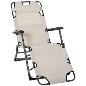 Outsunny Folding Chaise Lounge Chair for Outside, 2-in-1 Tanning Chair with Pillow & Pocket, Adjustable Pool Chair for Beach, Patio, Lawn, Deck, Cream White W2225P217576