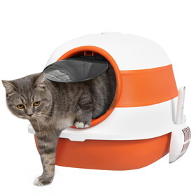 PawHut Cat Litter Box with Lid, Covered Litter Box w/ High Sides, Air Freshener, Large Two-Way Entrance Kitty Litter Box, Foldable, Easy Clean, Orange, and Black W2225P217605