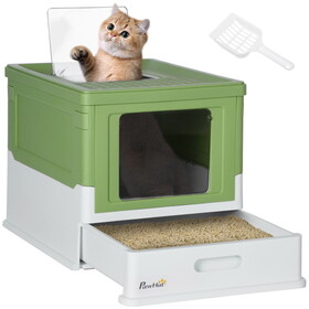 PawHut Fully Enclosed Cat Litter Box with Scoop, Hooded Cat Litter House with Drawer Type Tray, Foldable Smell Proof Cat Potty with Front Entry, Top Exit, Large Space, Yellowish Green W2225P217616