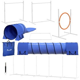 PawHut 7 Piece Dog Agility Training Equipment, Dog Obstacle Course Starter Kit with Tunnels, Weave Poles, Adjustable Hurdles, Jumping Ring, Pause Box, Whistle, Blue W2225P217634