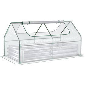 Outsunny 6' x 3' Galvanized Raised Garden Bed with Mini PVC Greenhouse Cover, Outdoor Metal Planter Box with 2 Roll-Up Windows for Growing Flowers, Fruits, Vegetables and Herbs, Silver W2225P217646