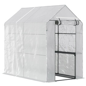 Outsunny 47.25" x 73.25" x 74.25" Walk-in Greenhouse, Outdoor Portable Plant Flower Growing Warm House with Roll-up Door and 4 Shelves, White W2225P217649