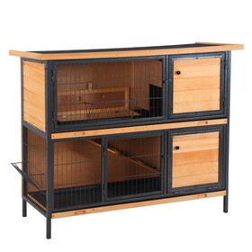 PawHut 48" 2-Story Large Rabbit Hutch Bunny Cage Wooden Pet House Metal Frame with Individual Room, Ramp, No Leak Tray, Feeding Trough, Waterproof asphalt Roof for Outdoor/Indoor W2225P217660