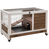 PawHut Wooden Rabbit Hutch Indoor Outdoor, Elevated Bunny Cage with No Leak Tray Enclosed Run with Wheels, Ideal for Guinea Pigs and Small Animals, Brown W2225P217662