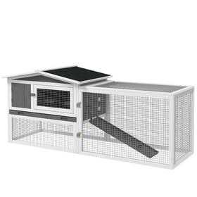 PawHut Rabbit Hutch 2-Story Bunny Cage Small Animal House with Slide Out Tray, Detachable Run, for Indoor Outdoor, 61.5" x 23" x 27", Light Gray W2225P217666