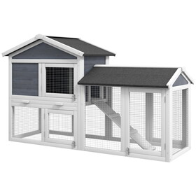 PawHut 58" Rabbit Hutch, Wooden Bunny Hutch, Guinea Pig Cage, Small Animal Enclosure with Run Area, Removable Tray, asphalt Roof, Lockable Doors and Ramp, Gray W2225P217669