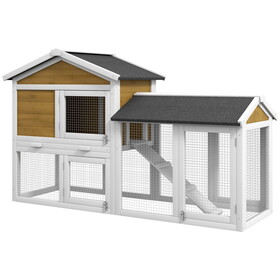 PawHut 58" Rabbit Hutch, Wooden Bunny Hutch, Guinea Pig Cage, Small Animal Enclosure with Run Area, Removable Tray, asphalt Roof, Lockable Doors and Ramp, Nature Wood W2225P217670