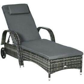 Outsunny Wicker Outdoor Chaise Lounge, 5-Level Adjustable Backrest PE Rattan Pool Lounge Chair with Wheels, Cushion & Headrest, Mixed Gray and Charcoal Gray W2225P217676