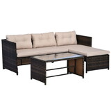 Outsunny 3 Piece Patio Furniture Set, Rattan Outdoor Sofa Set with Chaise Lounge & Loveseat, Soft Cushions, Tempered Glass Table, L-Shaped Sectional Couch, Beige W2225P217678