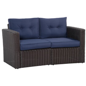 Outsunny 2 Piece Patio Wicker Corner Sofa Set, Outdoor PE Rattan Furniture, with Curved Armrests and Padded Cushions for Balcony, Garden, or Lawn, Lawn, Dark Blue W2225P217679