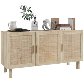 HOMCOM Sideboard Buffet Cabinet, Kitchen Cabinet, Coffee Bar Cabinet with 3 Rattan Doors and Adjustable Shelves, Natural Mixed W2225P217722