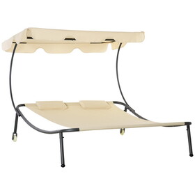 Outsunny Patio Double Chaise Lounge Chair, Outdoor Wheeled Hammock Daybed with Adjustable Canopy and Pillow for Sun Room, Garden, or Poolside, Beige W2225P217764