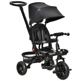 Qaba Kids Tricycle 4 in 1 Trike with Reversible Seat, 2.8'-3.1' Height Push Handle, Canopy, Handrail, Safety Belt, Storage Footrest Brake Clutch, for 1-5 Years Old, Black W2225P217779