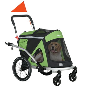 Aosom 2 in 1 Bike Trailer, Foldable Dog Bike Stroller with Aluminum Frame, Quick Release Wheels, Safety Leash, Anti-Slip Mat, Hitch Coupler, Reflectors, Flag for Medium Dogs, Green W2225P229294