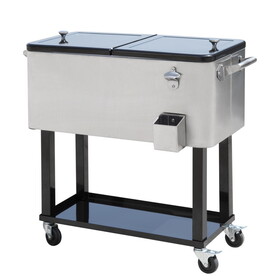 Outsunny 80 QT Rolling Cooling Bins Ice Chest on Wheels Outdoor Stand Up Drink Cooler Cart for Party, Silver W2225P229372