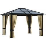 Outsunny 10' x 12' Hardtop Gazebo Canopy with Polycarbonate Roof, Aluminum Frame, Permanent Pavilion Outdoor Gazebo with Netting and Curtains for Patio, Garden, Backyard, Lawn, Deck W2225S00002
