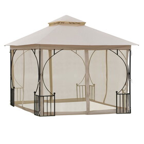 Outsunny 10' x 10' Patio Gazebo, Double Roof Outdoor Gazebo Canopy Shelter with Netting, Steel Corner Frame for Garden, Lawn, Backyard and Deck, Beige W2225S00003
