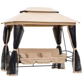 Outsunny 3-Seat Patio Swing Chair, Outdoor Gazebo Swing with Double Tier Canopy, Mesh Sidewalls, Cushioned Seat and Pillows, Beige W2225S00004