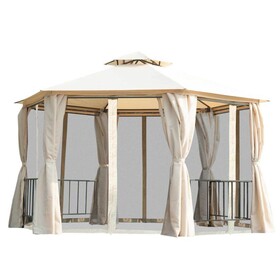 Outsunny 13' x 13' Patio Gazebo, Double Roof Hexagon Outdoor Gazebo Canopy Shelterwith Netting & Curtains, Solid Steel Frame for Garden, Lawn, Backyard and Deck, Beige W2225S00007