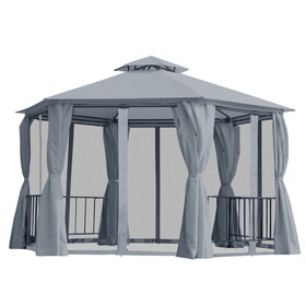 Outsunny 13' x 13' Patio Gazebo, Double Roof Hexagon Outdoor Gazebo Canopy Shelterwith Netting & Curtains, Solid Steel Frame for Garden, Lawn, Backyard and Deck, Grey W2225S00008