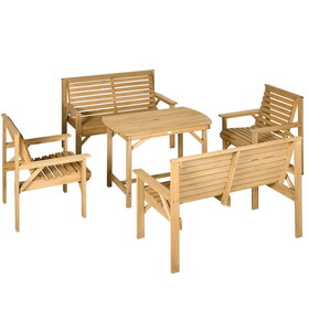 Outsunny 5 Piece Wooden Patio Dining Set for 6, Outdoor Conversation Set with 2 Armchairs, 2 Loveseats, and Dining Table with Umbrella Hole for Backyard, Garden, Light Brown W2225S00009