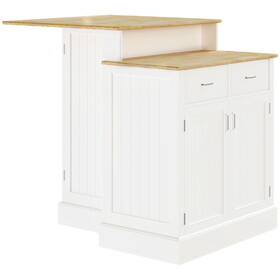 HOMCOM Kitchen Island with Storage Cabinet and 2-Level Rubber Wood Tabletop, Island Table with Adjustable Shelves and Drawers, White W2225S00022