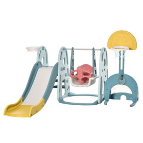 Qaba Multi-Activity Extra Safe Baby Slide and Swing Set for Toddlers with Basketball Hoop, 5-in-1 Toddler Playset Backyard Toy W2225S00037