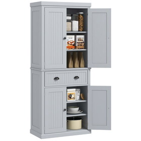 HOMCOM 72" Kitchen Pantry Storage Cabinet, Traditional Freestanding Cabinet with 4 Doors and 3 Adjustable Shelves, Large Central Drawer, Beadboard, Gray