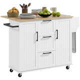 HOMCOM Kitchen Island with Drop Leaf, Rolling Kitchen Cart on Wheels with 3 Drawers, 2 Cabinets, Natural Wood Top, Spice Rack and Towel Rack, White