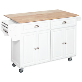 HOMCOM Rolling Kitchen Island on Wheels, Kitchen Cart with Solid Wood Drop Leaf Breakfast Bar, Storage Drawers, 4-Door Cabinets, Spice Rack, White
